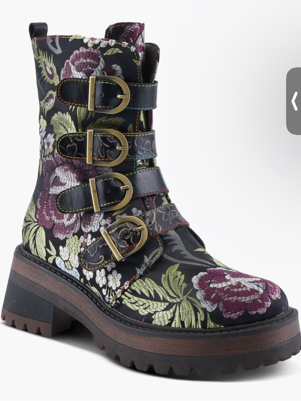 Floral Tapestry Combat Boot - Black with Plum & Olive Embroidery